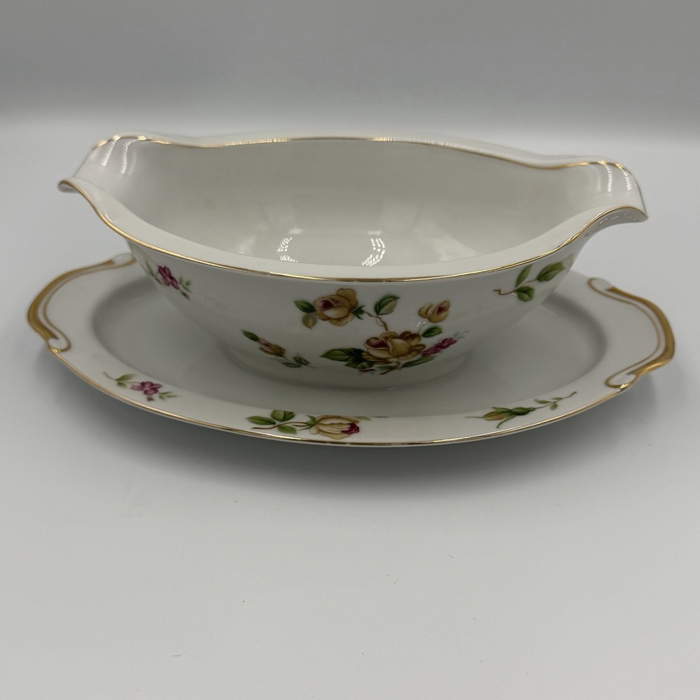 Vintage Lynmore Golden Rose Fine China Gravy Boat With Attached Plate - Picture 6 of 8